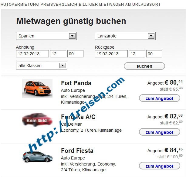 Screenshot Preisvergleich Kleinwagen Rent a Car Spanien
